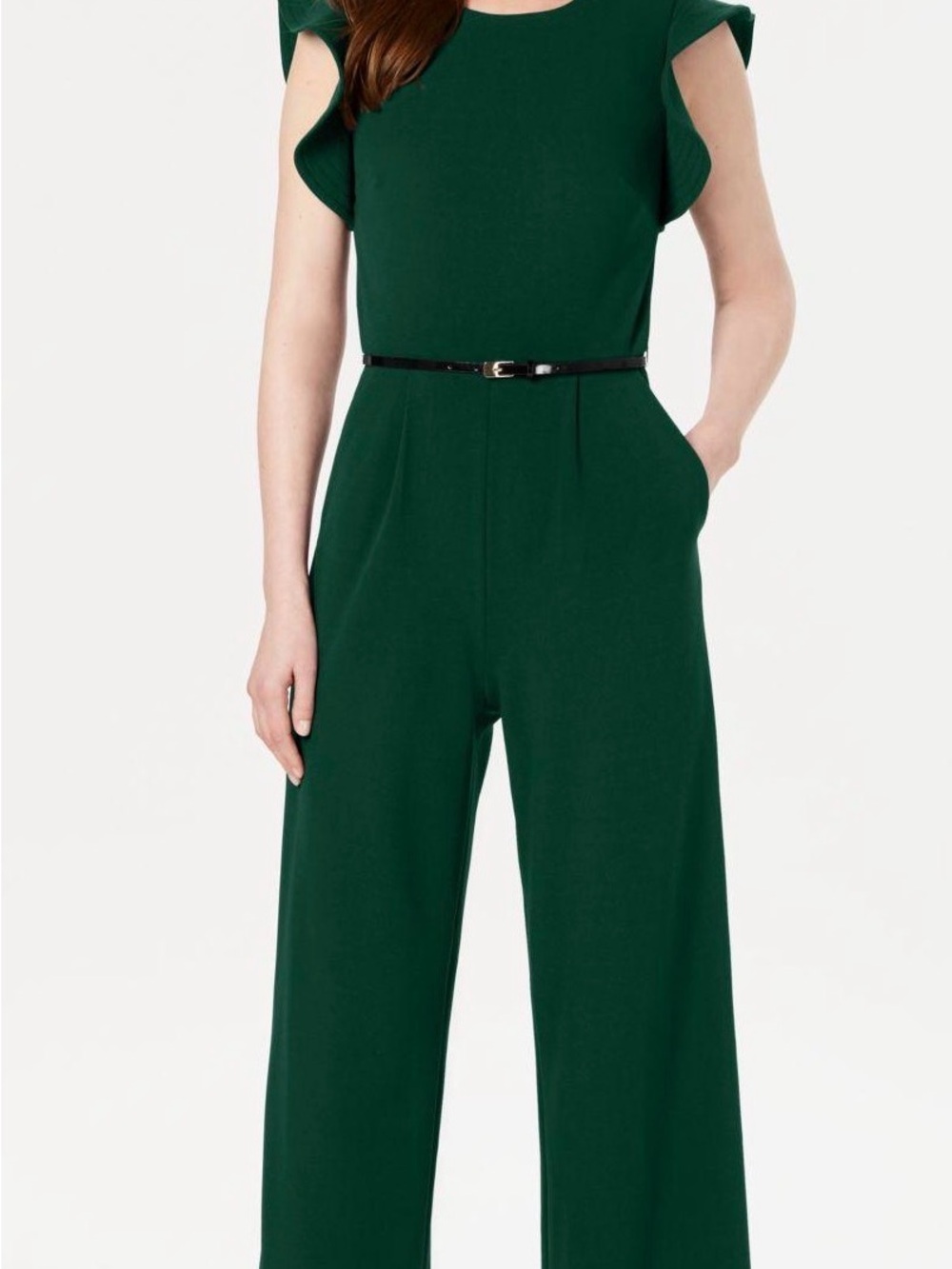 Calvin Klein Dark Green Wide-Leg Belted Jumpsuit